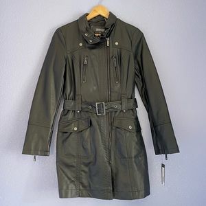 KENNETH COLE Reaction BLACK Zip-Front Faux Leather Long MOTO Jacket